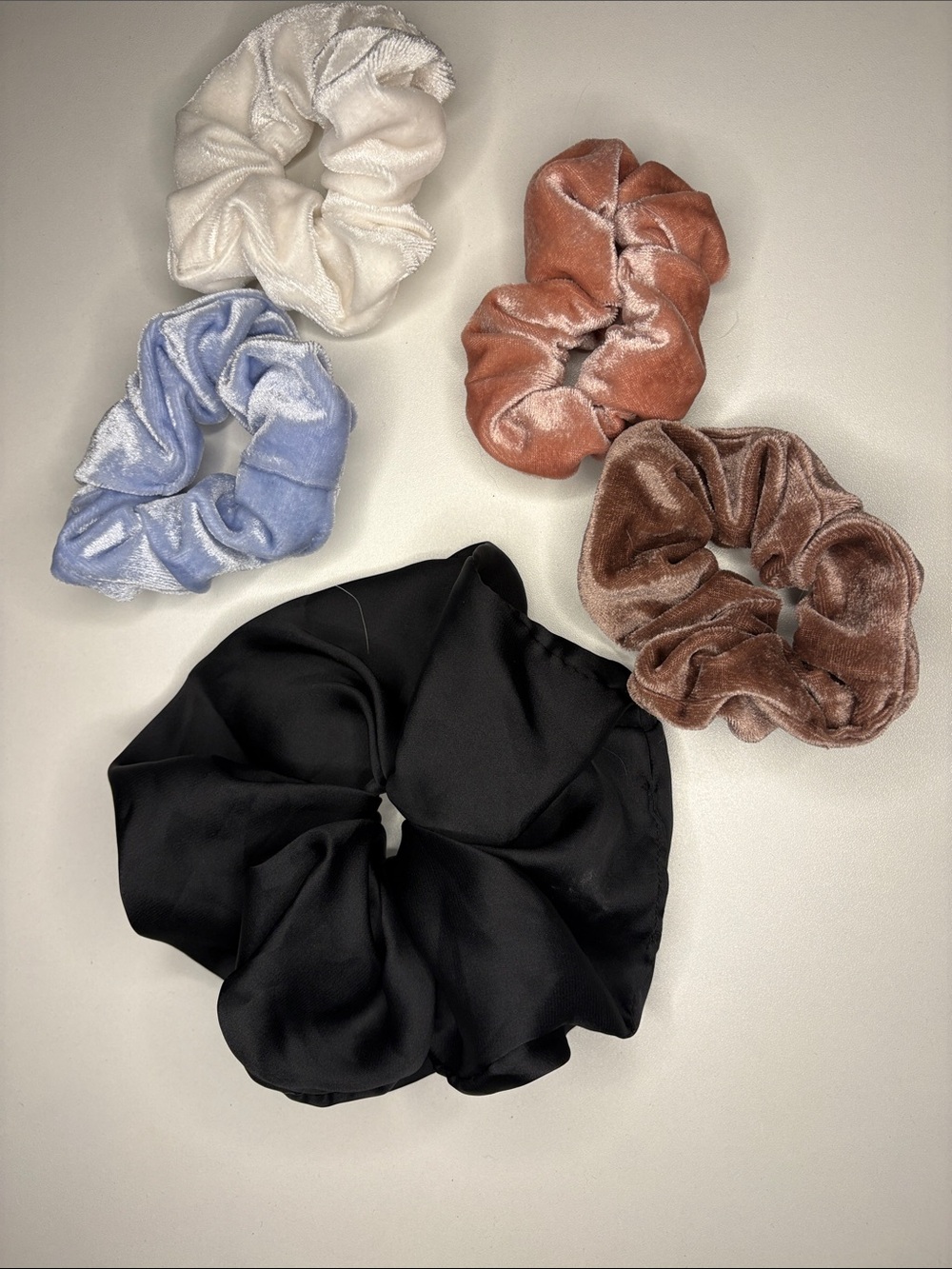 Velvet & Satin Scrunchie Set - Black, Cream, Light Blue, Rust, Brown